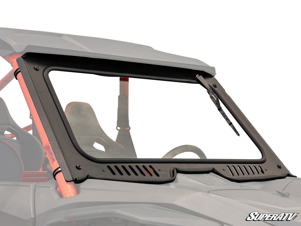 A close-up of a Honda Talon 1000 Glass Windshield shows a tinted, framed front with a single wiper and ventilation slots. The cab interior features black and red seats, with the SuperATV logo in the lower right corner.