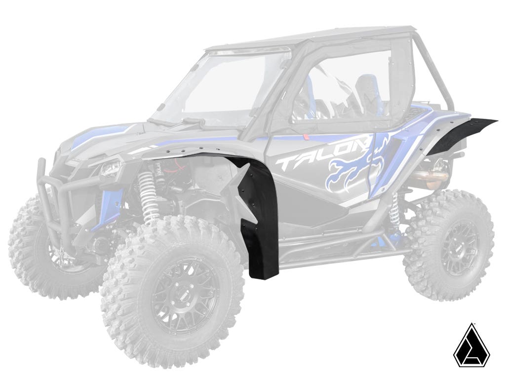 A blue and black Honda Talon 1000, equipped with Assault Industries Low-Profile Fender Flares shown in color on the front and rear, appears with a faded body. The manufacturers logo is displayed in the bottom right corner.