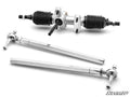 Close-up of a clean Honda Talon 1000R RackBoss 2.0 Rack and Pinion, featuring a silver steering rack with black rubber boots on each end and two matching silver tie rods with ball joints, set on a white background with the SuperATV logo in the corner.