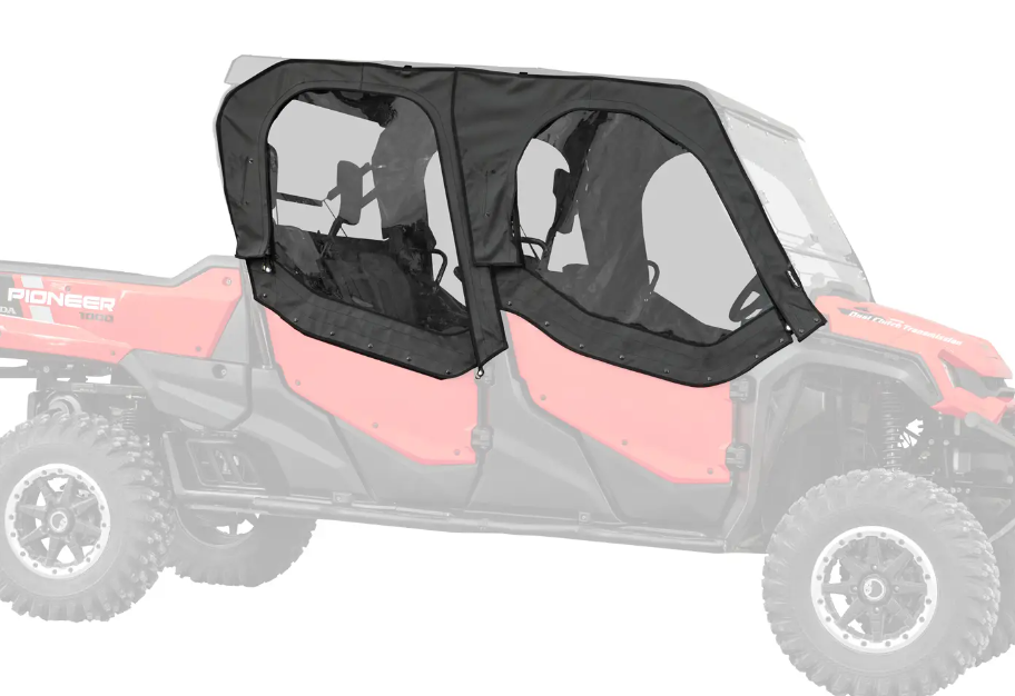 The Pioneer 1000-6 Primal Soft Cab Enclosure Upper Doors, in black with clear windows, are installed on the side doors of a red Honda Pioneer, covering both front and rear passenger areas for protection and visibility. The rest of the vehicle is faded.