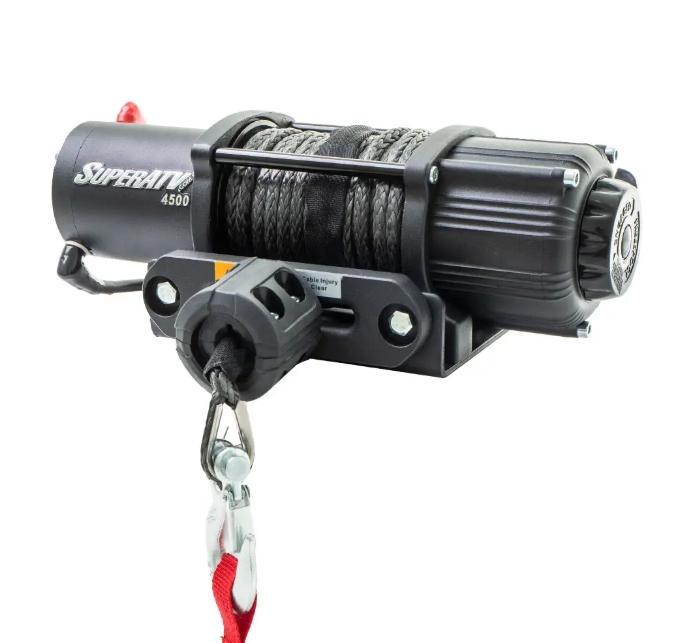 Close-up of the Honda Pioneer 1000 Winch Mount & Winch with black housing, synthetic rope on the drum, sturdy mounting plate, metal hook with red strap attached, and visible bolts and labels on a white background.