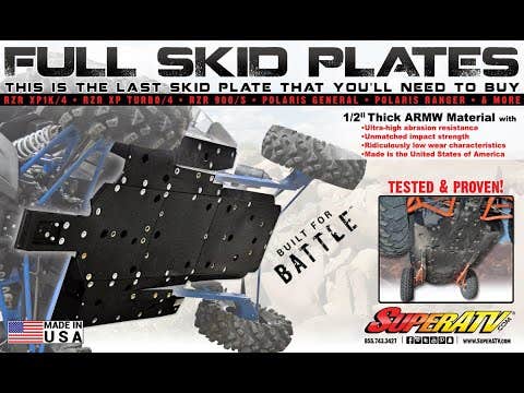 A black skid plate is mounted under a blue Honda Talon 1000R-4, viewed from below. Bold “FULL SKID PLATES” headline lists compatible models. Features and benefits are highlighted, with SuperATV logo, Made in USA badge, and tested skid plate image at the b