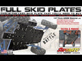 A black skid plate is mounted under a blue Honda Talon 1000R-4, viewed from below. Bold “FULL SKID PLATES” headline lists compatible models. Features and benefits are highlighted, with SuperATV logo, Made in USA badge, and tested skid plate image at the b