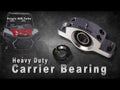 A Polaris RZR Trail S 900 Carrier Bearing with a separate metal ring is displayed on a dark textured background. Heavy Duty Carrier Bearing is written below, and a Polaris RZR Turbo off-road vehicle appears in the upper left corner.