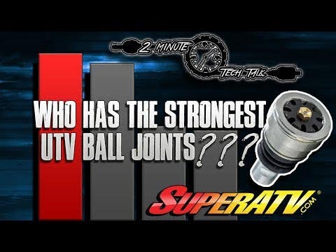 A graphic features bar charts, a Polaris RZR 900 Ball Joints illustration, and bold text: WHO HAS THE STRONGEST UTV BALL JOINTS??? The 2-Minute Tech Talk logo is at the top; SuperATV.com’s red and yellow logo is at the bottom.