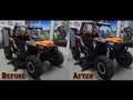 Side-by-side photos show an orange and black off-road vehicle in a garage. The left, labeled Before, has standard suspension; the right, After, shows it lifted with larger tires using a Polaris RZR XP Turbo 3 Lift Kit for increased ground clearance.
