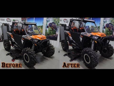 Side-by-side photos show an orange and black off-road vehicle in a garage. The left, labeled Before, has standard suspension; the right, After, shows it lifted with larger tires using a Polaris RZR XP Turbo 3 Lift Kit for increased ground clearance.