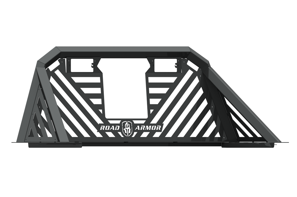 The 2009-2020 Ram 1500 Stealth Headache Rack (Non Toolbox Bed) in textured black features an angular design with diagonal and horizontal bars, a centered Road Armor shield logo plate, and reinforced triangular side supports.