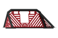 A textured black metal Stealth Headache Rack for 2017+ Ford F-250 trucks features geometric cutouts, diagonal and vertical slats, reinforced corners, a centered Road Armor logo near the base, and a rugged, angular freestanding design.