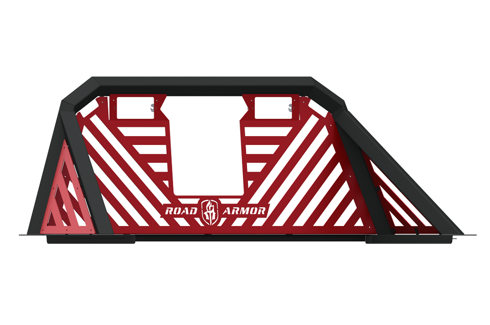 A textured black metal Stealth Headache Rack for 2017+ Ford F-250 trucks features geometric cutouts, diagonal and vertical slats, reinforced corners, a centered Road Armor logo near the base, and a rugged, angular freestanding design.