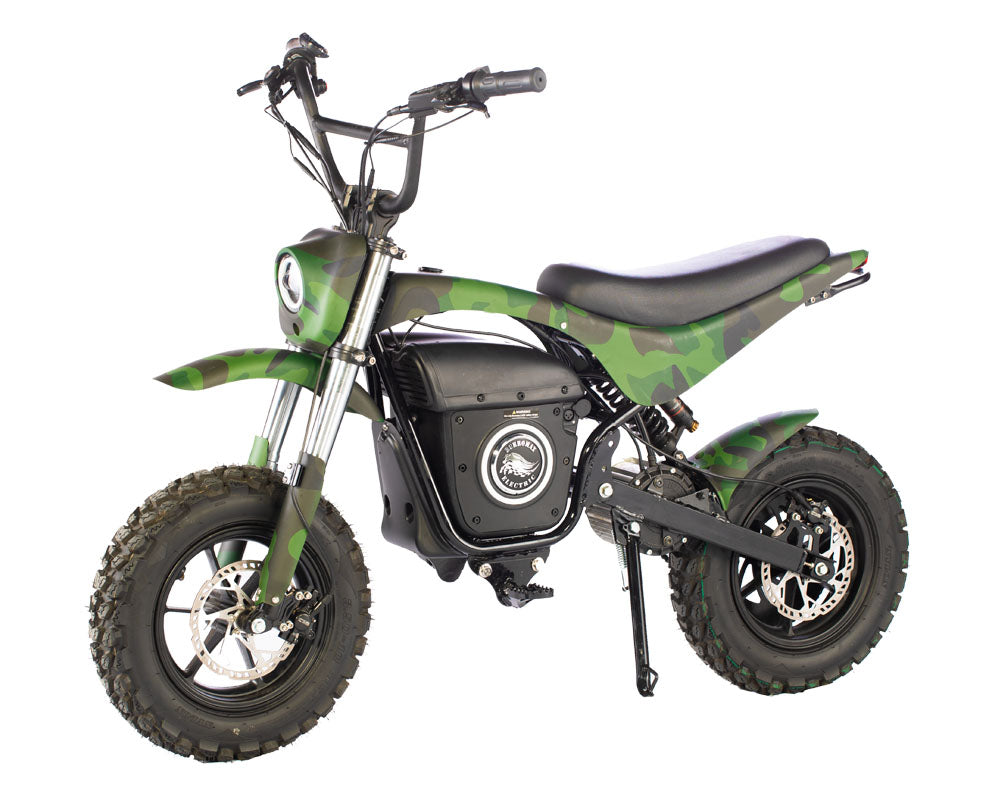 The Burromax HRH 2.5 Electric Hunt Bike is a small dirt bike with thick knobby tires, a camouflage green frame, black seat and handlebars, disc brakes on the rear wheel, and a round front headlight—shown in profile view.