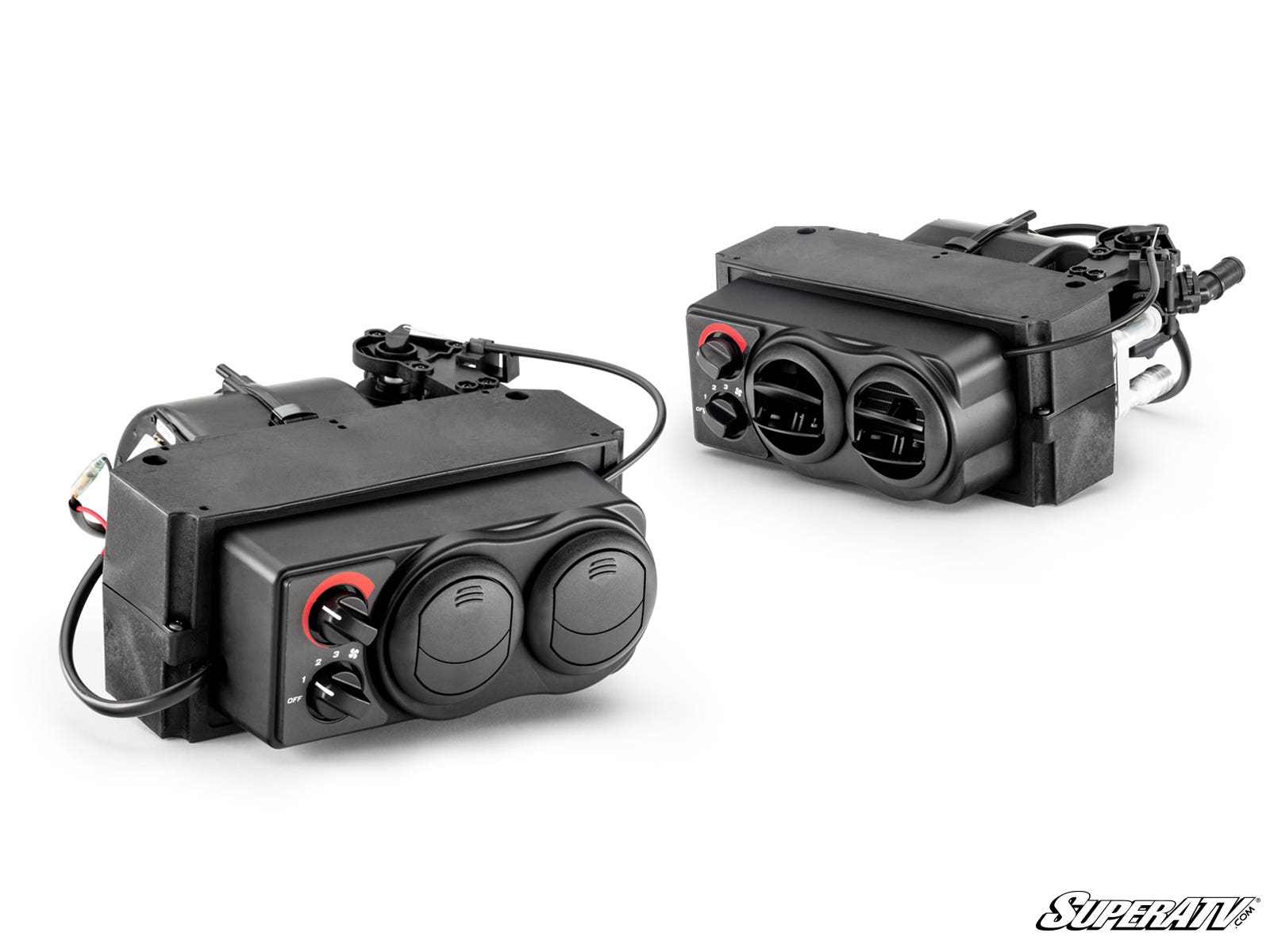 Two black rectangular Polaris RZR XP Turbo Cab Heater units with circular air vents, red-accented control dials, and wiring, shown from various angles on a white background. The SuperATV logo is in the bottom right corner.