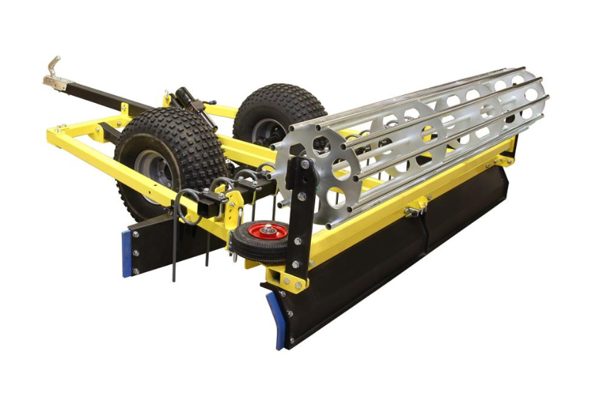 The Riding Arena ATV/UTV Drag & Groomer is a yellow and black metal turf roller with two large black tires, a perforated cylindrical drum, adjustable frame, and tow hitch—ideal for maintaining riding arenas or sports fields.