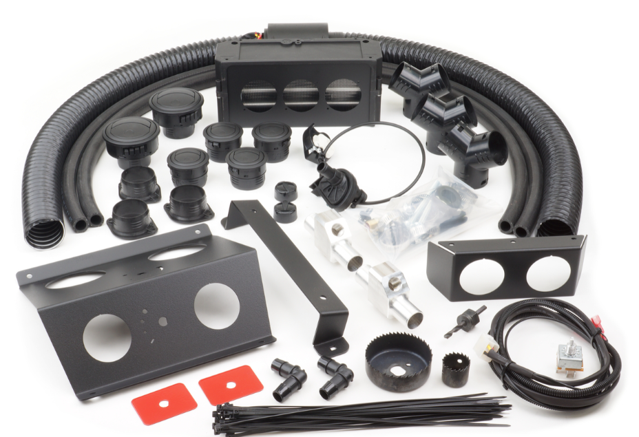 Assorted components for the CFMoto UForce 1000 (2019-2024) Ice Crusher Cab Heater—including hoses, vents, brackets, connectors, switches, wiring harness, and mounting hardware—are arranged neatly on a white background.