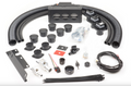 The Polaris Ranger XP1000/1000/Crew (2018-2024) - Ice Crusher Cab Heater kit is shown on a white surface with black ducts, vents, hose clamps, wiring, switches, metal brackets, fasteners, zip ties, grommets, connectors and an air distribution unit.