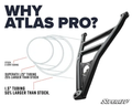A black Polaris RZR XP Turbo Atlas Pro 2 Forward Offset A-Arm appears beside outlines comparing stock, SuperATV 1.25 tubing (25% larger), and 1.5 tubing (50% larger). WHY ATLAS PRO? is displayed, with the SuperATV logo bottom right.