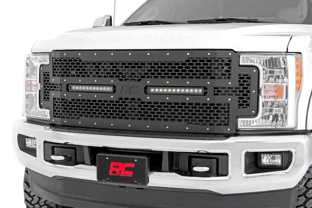 Rough Country Mesh Grille | 12" Dual Row LED | Black | Ford Super Duty (17-19)