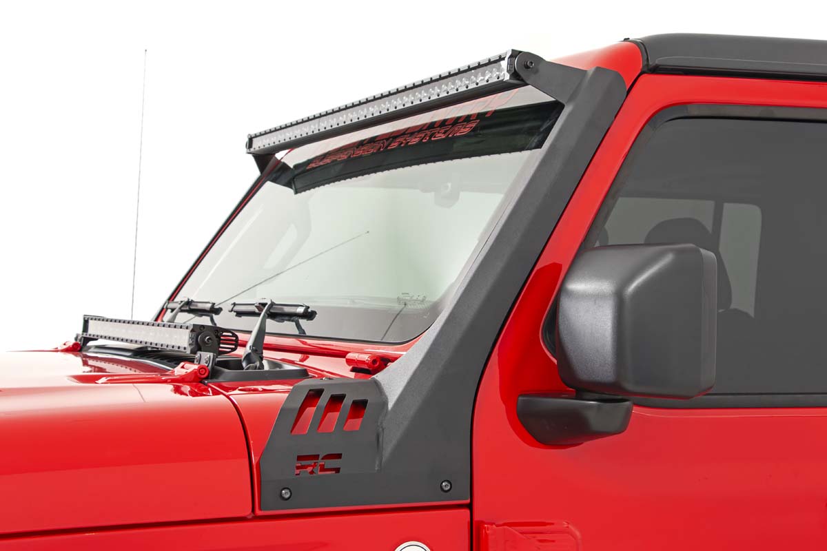 Rough Country Jeep 50-inch Straight LED Light Bar Upper Windshield Kit w/ Dual-Row Black Series LED (20-22 Gladiator JT, 18-22 Wrangler JL)