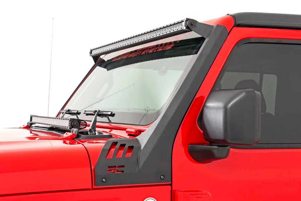 Rough Country Jeep 50-inch Straight LED Light Bar Upper Windshield Kit w/ Single-Row Black Series LED (20-22 Gladiator JT, 18-22 Wrangler JL)