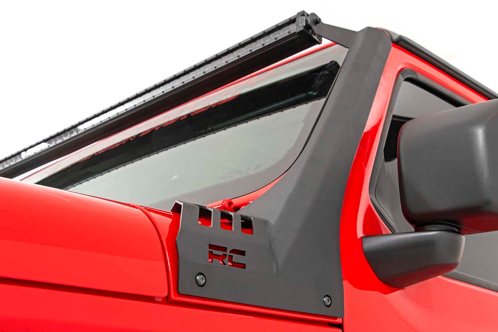 Rough Country Jeep 50-inch Straight LED Light Bar Upper Windshield Kit w/ Single-Row Black Series LED (20-22 Gladiator JT, 18-22 Wrangler JL)