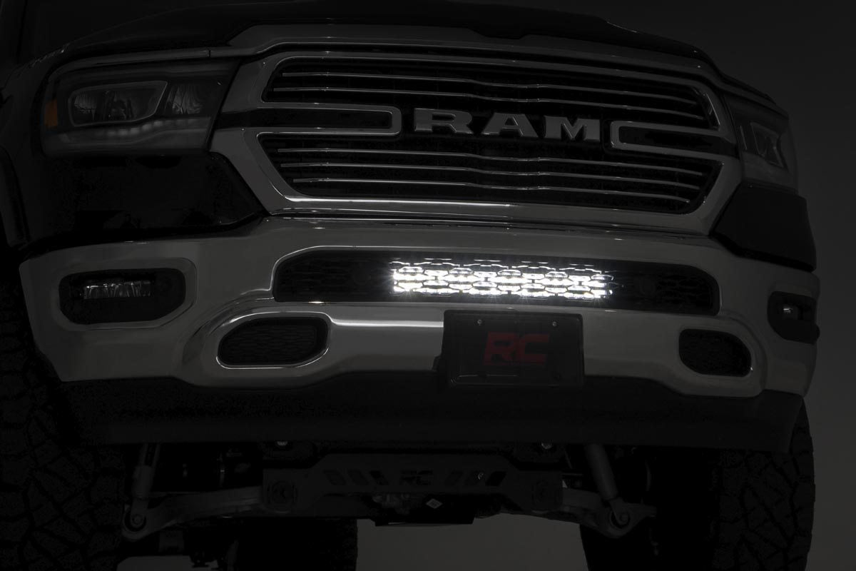 Rough Country LED Light | Bumper Mount | 20" Chrome Dual Row | White DRL | Ram 1500 (19-23)