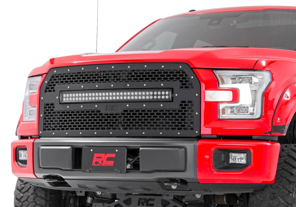 Rough Country Mesh Grille | 30" Dual Row LED | Black | Amber DRL | Ford F-150 (15-17)