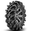 The SuperATV Intimidator All-Terrain Tire is a large black tire with deep, aggressive treads and thick sidewalls, paired with a shiny multi-spoke chrome rim. Angled to showcase its rugged design, it’s ideal for muddy or rough terrain. White background.