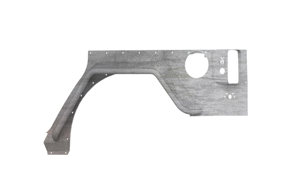 A flat, gray 2007-2018 Jeep Jku Defender Jk Body Armor Rear Skin W/ Flare 4Dr panel in raw steel features a curved arm on the left, multiple surface holes, a large circular cutout, and two rectangular slots on the right. Background is transparent.