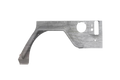 A flat, gray 2007-2018 Jeep Jku Defender Jk Body Armor Rear Skin W/ Flare 4Dr panel in raw steel features a curved arm on the left, multiple surface holes, a large circular cutout, and two rectangular slots on the right. Background is transparent.