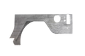 A flat, gray raw steel plate for the 2007-2018 Jeep JK Defender JK Body Armor Rear w/ Flare 2Dr features a brushed metal texture, a curved cutout, multiple holes and notches, one large circular hole, and two rectangular slots on the right end.