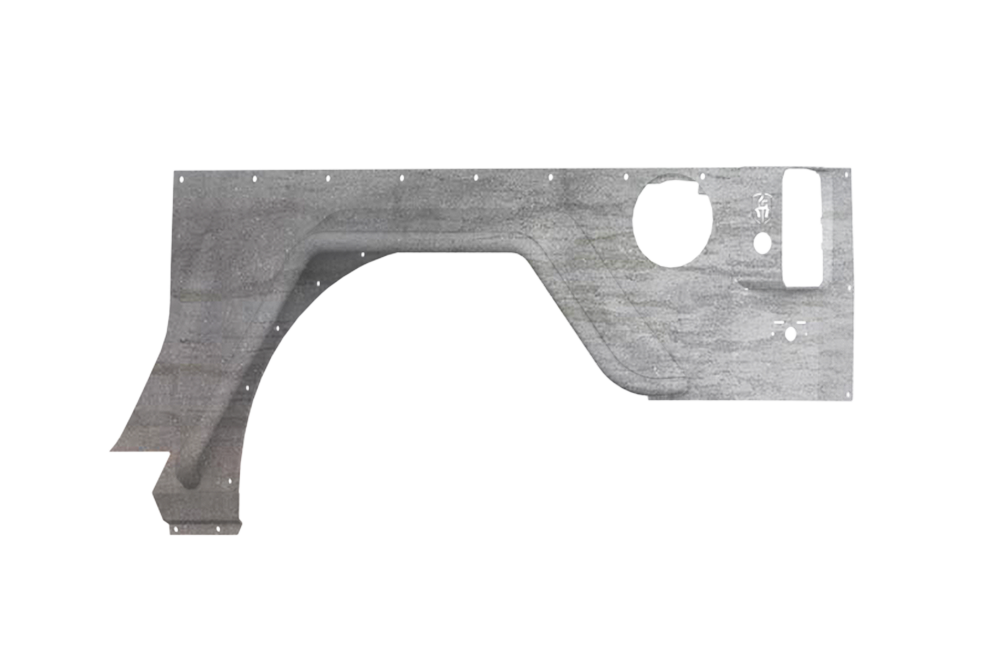A flat, gray raw steel plate for the 2007-2018 Jeep JK Defender JK Body Armor Rear w/ Flare 2Dr features a brushed metal texture, a curved cutout, multiple holes and notches, one large circular hole, and two rectangular slots on the right end.