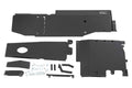 The Rough Country Skid Plate Combo for 3.6L Jeep Wrangler JL (18-19), with black metal plates and mounting hardware—screws, bolts, brackets—features a logoed largest plate and cutouts for components, all neatly unassembled on a white background.