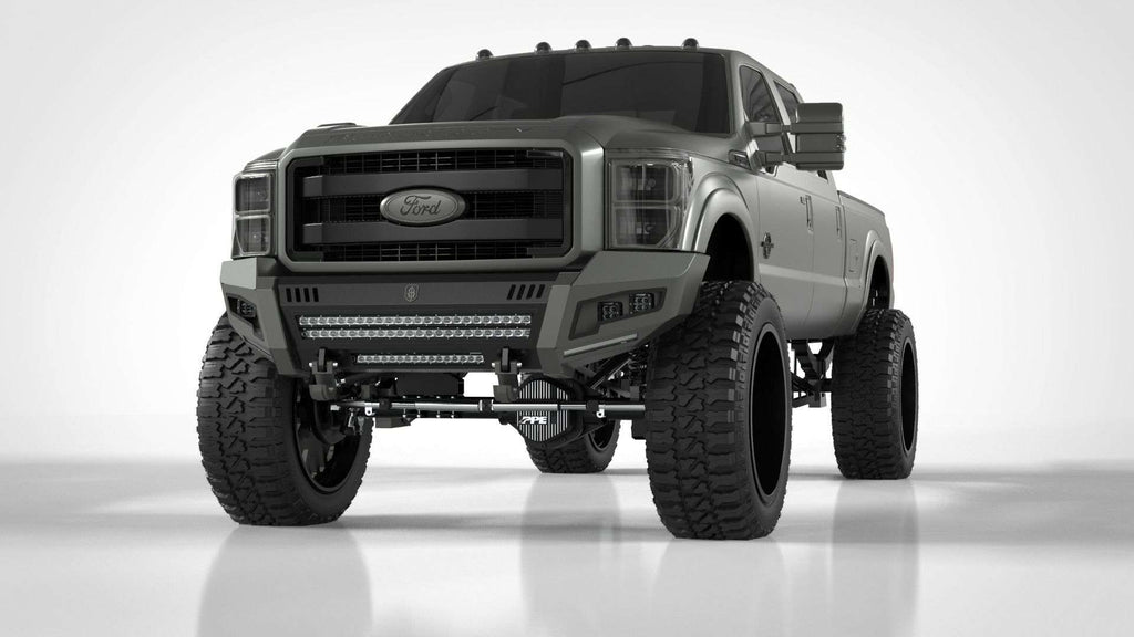 A matte gray, lifted Ford F-250 (2011-2016) is shown on a white background with oversized off-road tires and the Identity Front Bumper Full Kit featuring integrated LED lights and shackle mounts.