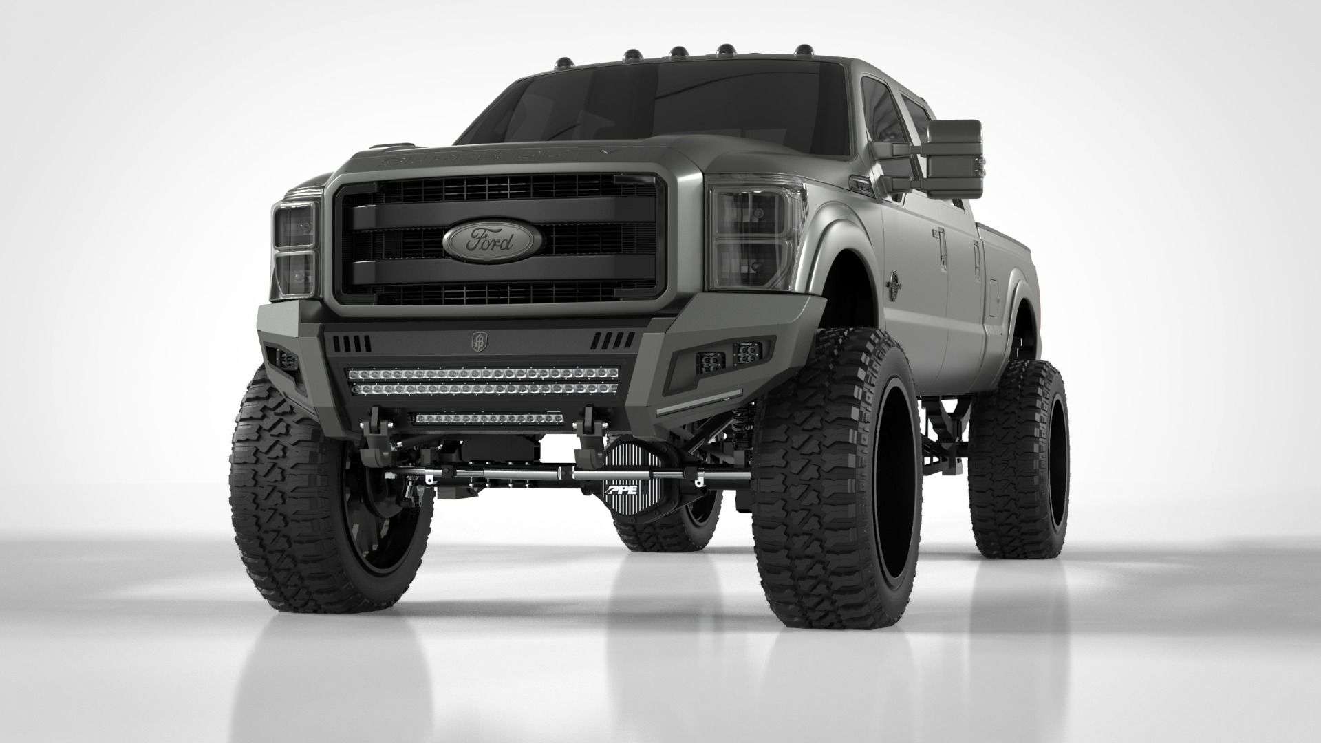 A matte gray, lifted Ford F-250 (2011-2016) is shown on a white background with oversized off-road tires and the Identity Front Bumper Full Kit featuring integrated LED lights and shackle mounts.