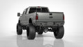 A silver Ford F-250 (2011-2016) with large off-road tires, lifted suspension, dark tinted windows, and visible rear lights is shown from the rear on a white background, featuring the Identity Rear Bumper Full Kit with center section and accent lights.