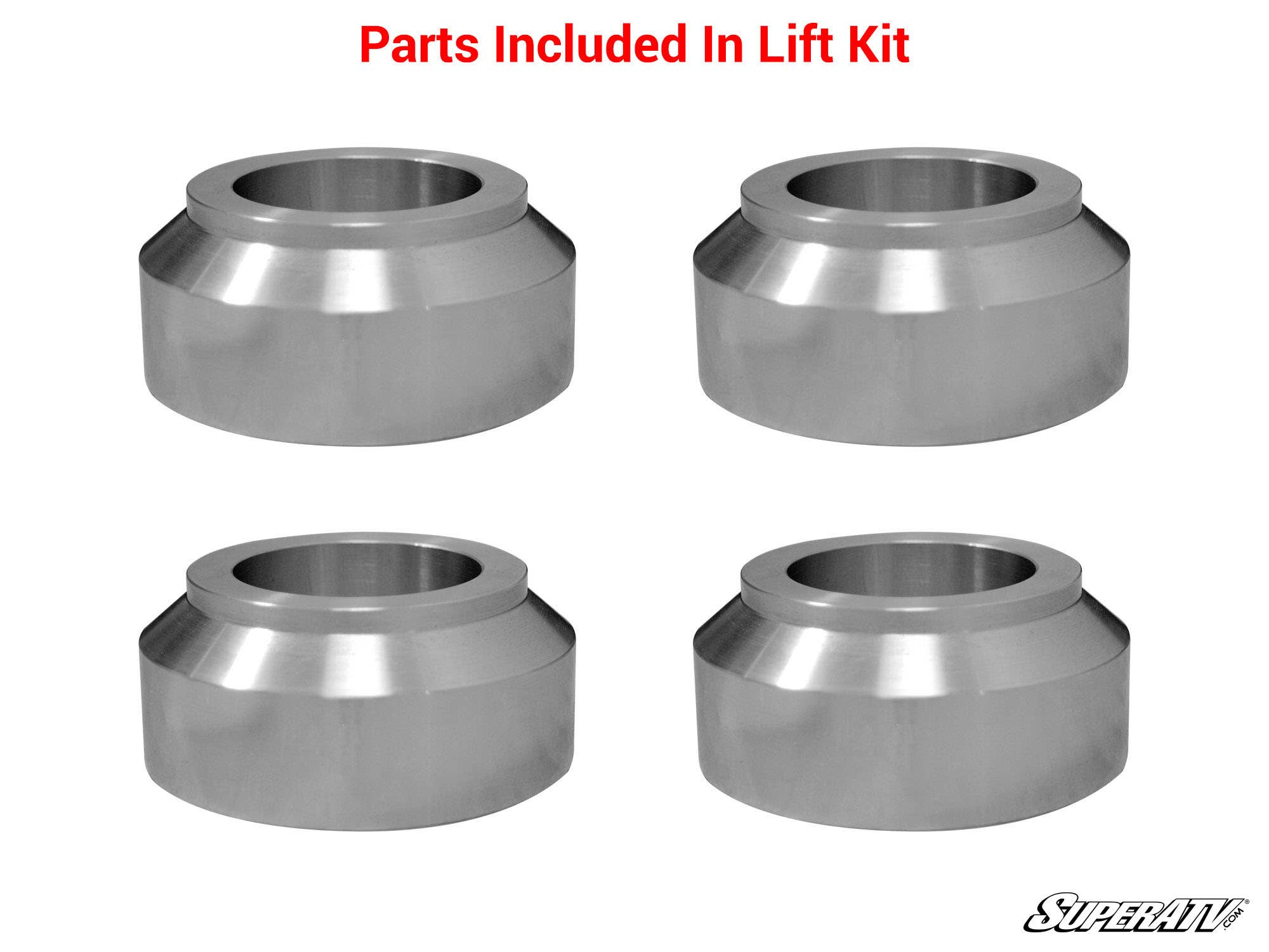 Four silver, cylindrical metal spacers with beveled edges are arranged in a grid on a white background. Above them, red text reads Parts Included In Lift Kit for the John Deere Gator 625i/825i/855D 2 Lift Kit; SuperATV logo is at lower right.