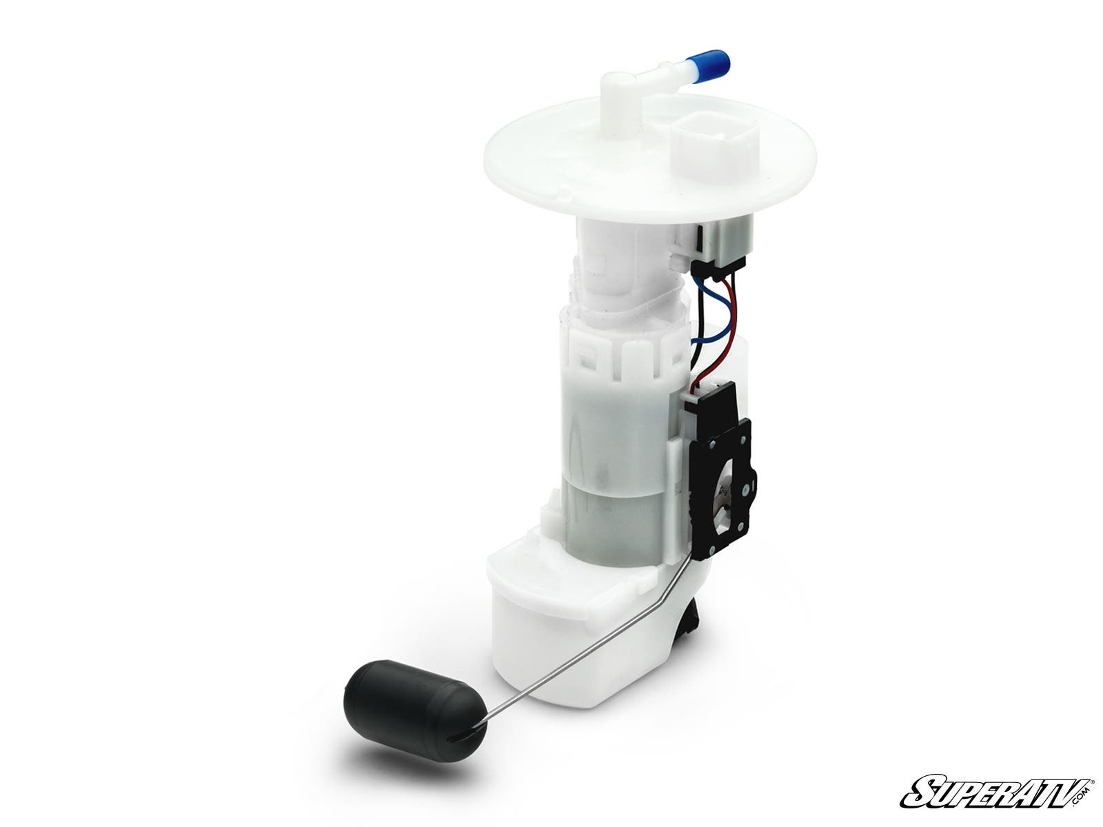 The Up & Running Kawasaki Brute Force Fuel Pump features a white plastic and metal assembly with attached wiring, a float arm, and multiple connection points. The image is on a white background with the SuperATV logo in the bottom right corner.