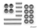 Kawasaki Brute Force 750 A-Arm Bushings are displayed on a white background, showing various metal spacers, sleeves, and bushings in different shapes and sizes. The SuperATV logo is visible in the lower right corner.