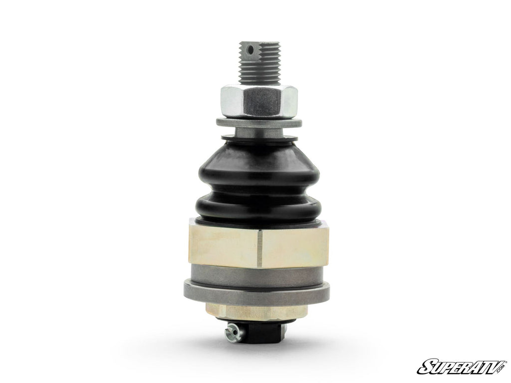 A close-up of a Kawasaki Teryx KRX 1000 Keller Ball Joint features a black rubber boot, metal hex nuts, threaded ends, and a grease fitting at the bottom. The image has a white background and displays the “SuperATV” logo in the lower right corner.