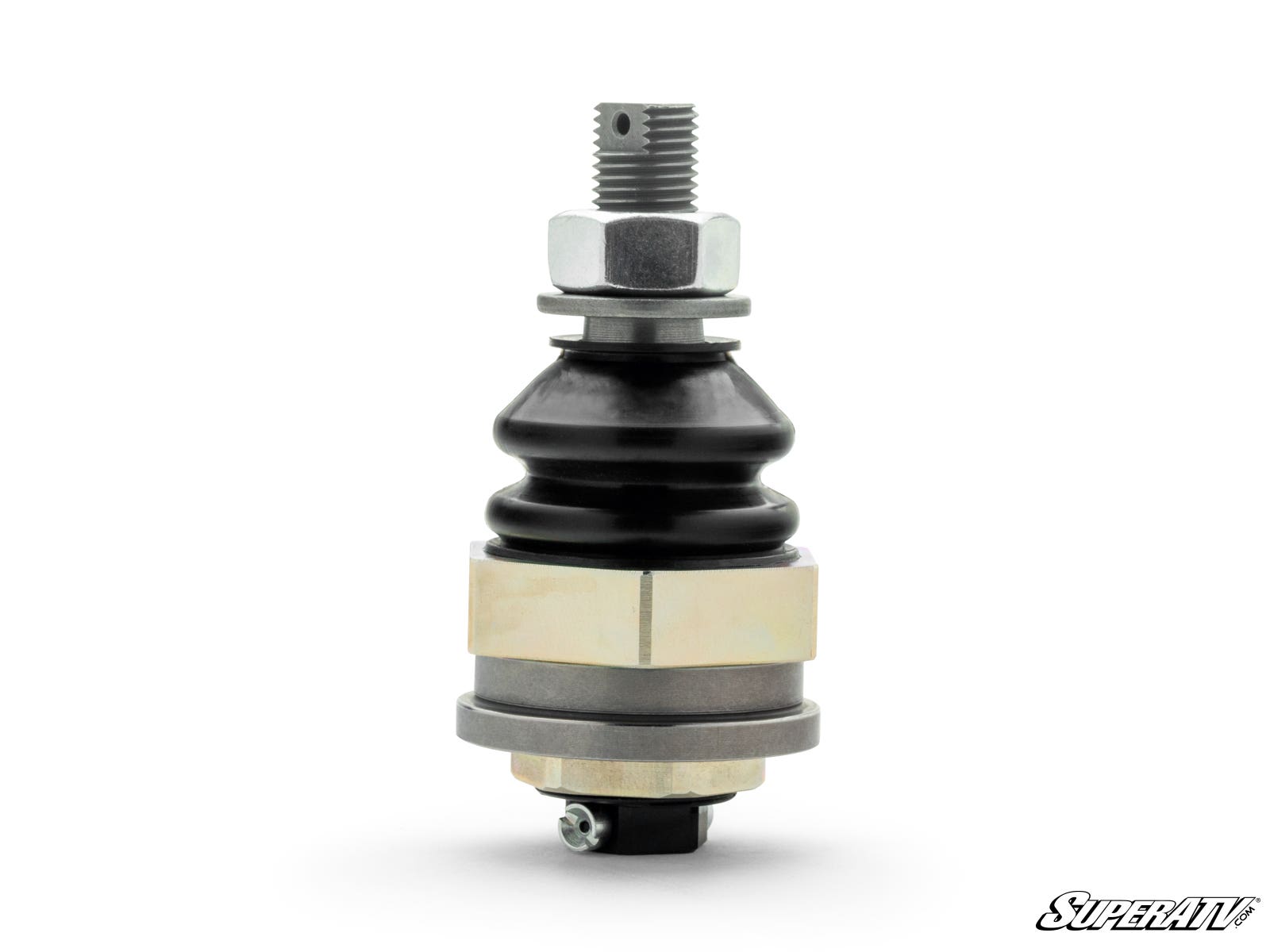 A close-up of a Kawasaki Teryx KRX 1000 Keller Ball Joint features a black rubber boot, metal hex nuts, threaded ends, and a grease fitting at the bottom. The image has a white background and displays the “SuperATV” logo in the lower right corner.
