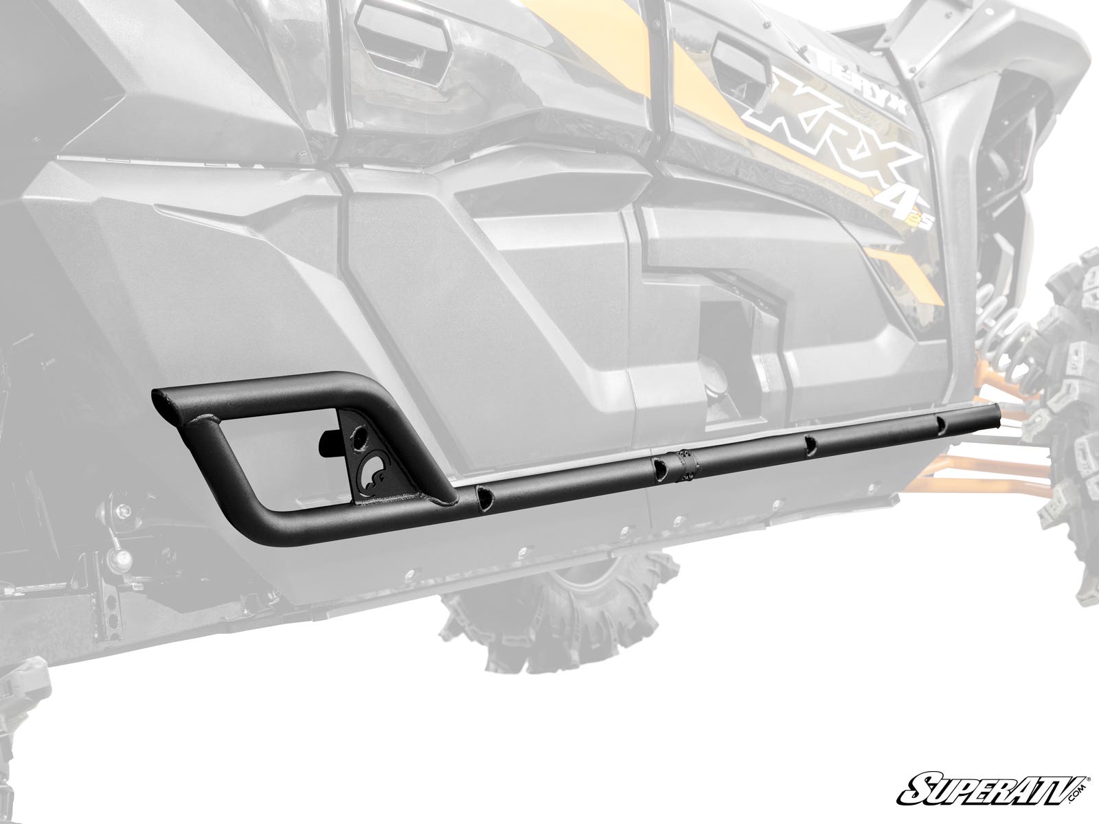 The Kawasaki Teryx KRX 4 Heavy-Duty Nerf Bars are shown in full color on a grayscale UTV with “Kawasaki KRX” branding. The tubular design and mounting brackets stand out, with the SuperATV logo featured in the corner.