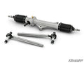 The Kawasaki Mule Pro RackBoss 2.0 Rack and Pinion, featuring black rubber boots and two tie rods, is neatly arranged on a white background with the SuperATV logo visible in the lower right corner. The components appear new.