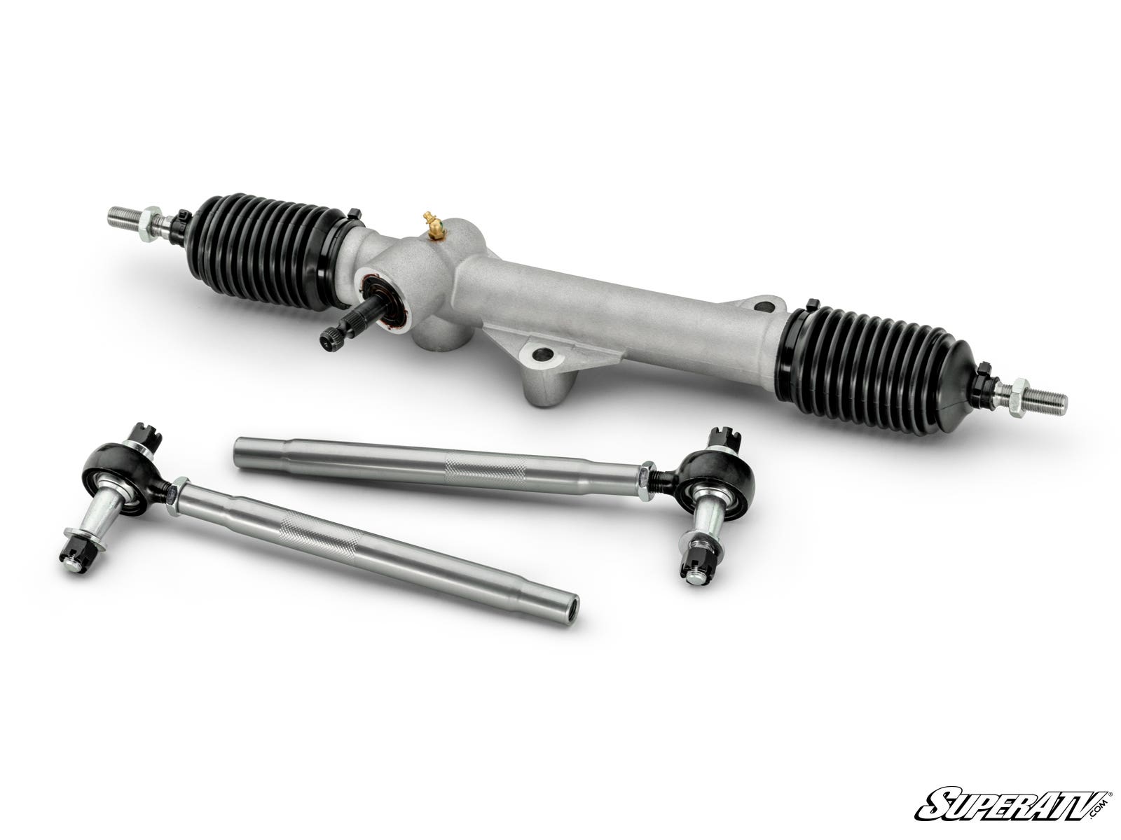 The Kawasaki Mule Pro RackBoss 2.0 Rack and Pinion, featuring black rubber boots and two tie rods, is neatly arranged on a white background with the SuperATV logo visible in the lower right corner. The components appear new.