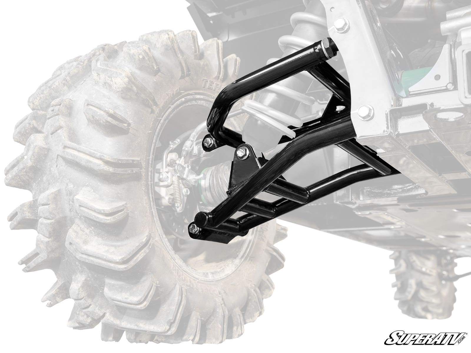 Close-up of rugged black Kawasaki Mule Pro 1000 High-Clearance 1 Rear Offset A-Arms mounted near a large off-road tire with deep treads. The faded background highlights the suspension, with the SuperATV logo in the lower right corner.