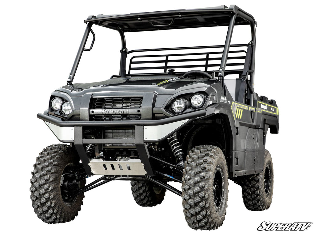 A Kawasaki Mule Pro equipped with a 2 Lift Kit, featuring large off-road tires, a front bumper guard, roof, open sides, sturdy grille, skid plate, prominent headlights, and SuperATV branding in the bottom right corner.