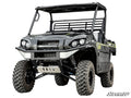 A Kawasaki Mule Pro equipped with a 2 Lift Kit, featuring large off-road tires, a front bumper guard, roof, open sides, sturdy grille, skid plate, prominent headlights, and SuperATV branding in the bottom right corner.