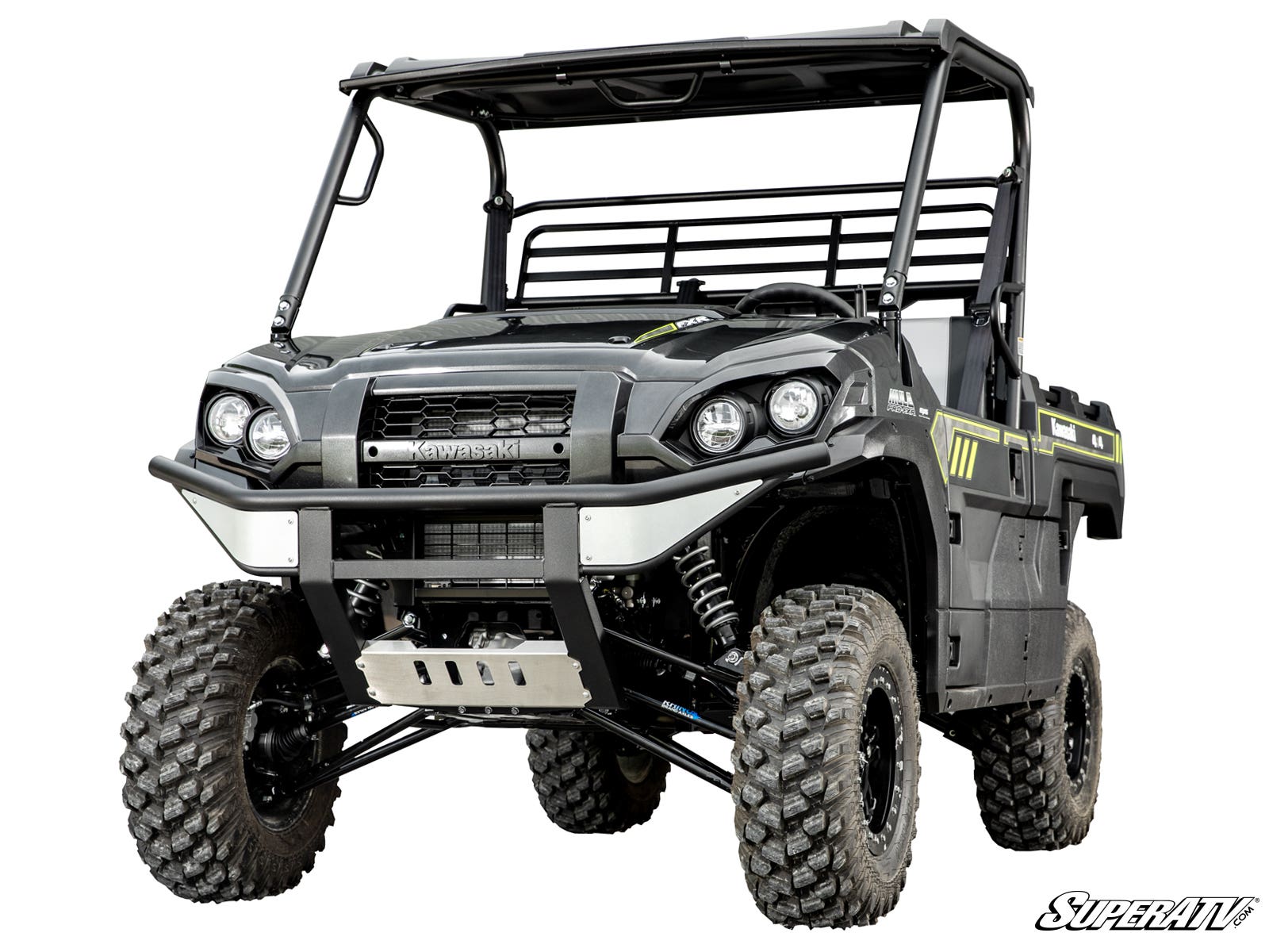 A Kawasaki Mule Pro equipped with a 2 Lift Kit, featuring large off-road tires, a front bumper guard, roof, open sides, sturdy grille, skid plate, prominent headlights, and SuperATV branding in the bottom right corner.