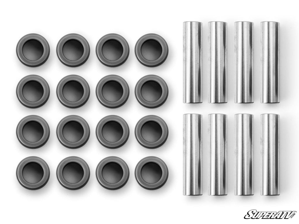 Sixteen round black bushings and eight cylindrical silver sleeves for Kawasaki Mule Pro FXT A-Arm Bushings are arranged in rows on a white background. The SuperATV logo appears in the corner.