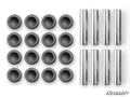Sixteen round black bushings and eight cylindrical silver sleeves for Kawasaki Mule Pro FXT A-Arm Bushings are arranged in rows on a white background. The SuperATV logo appears in the corner.