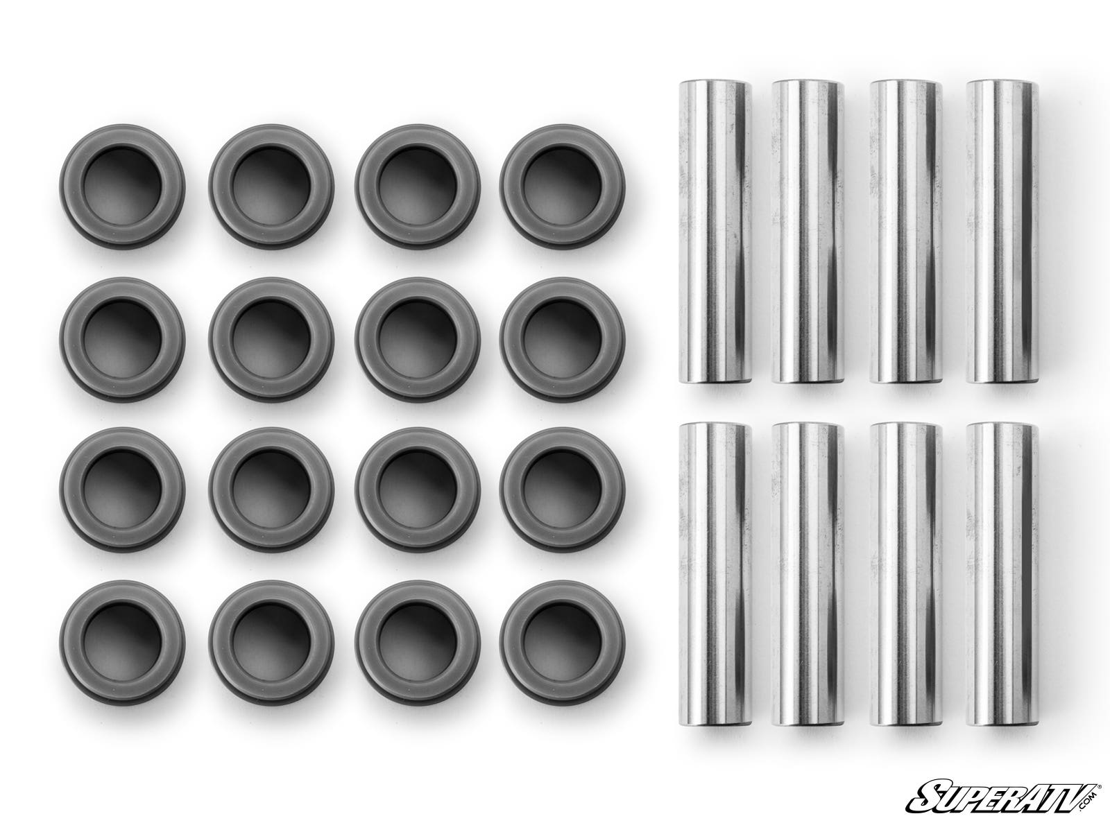Sixteen round black bushings and eight cylindrical silver sleeves for Kawasaki Mule Pro FXT A-Arm Bushings are arranged in rows on a white background. The SuperATV logo appears in the corner.